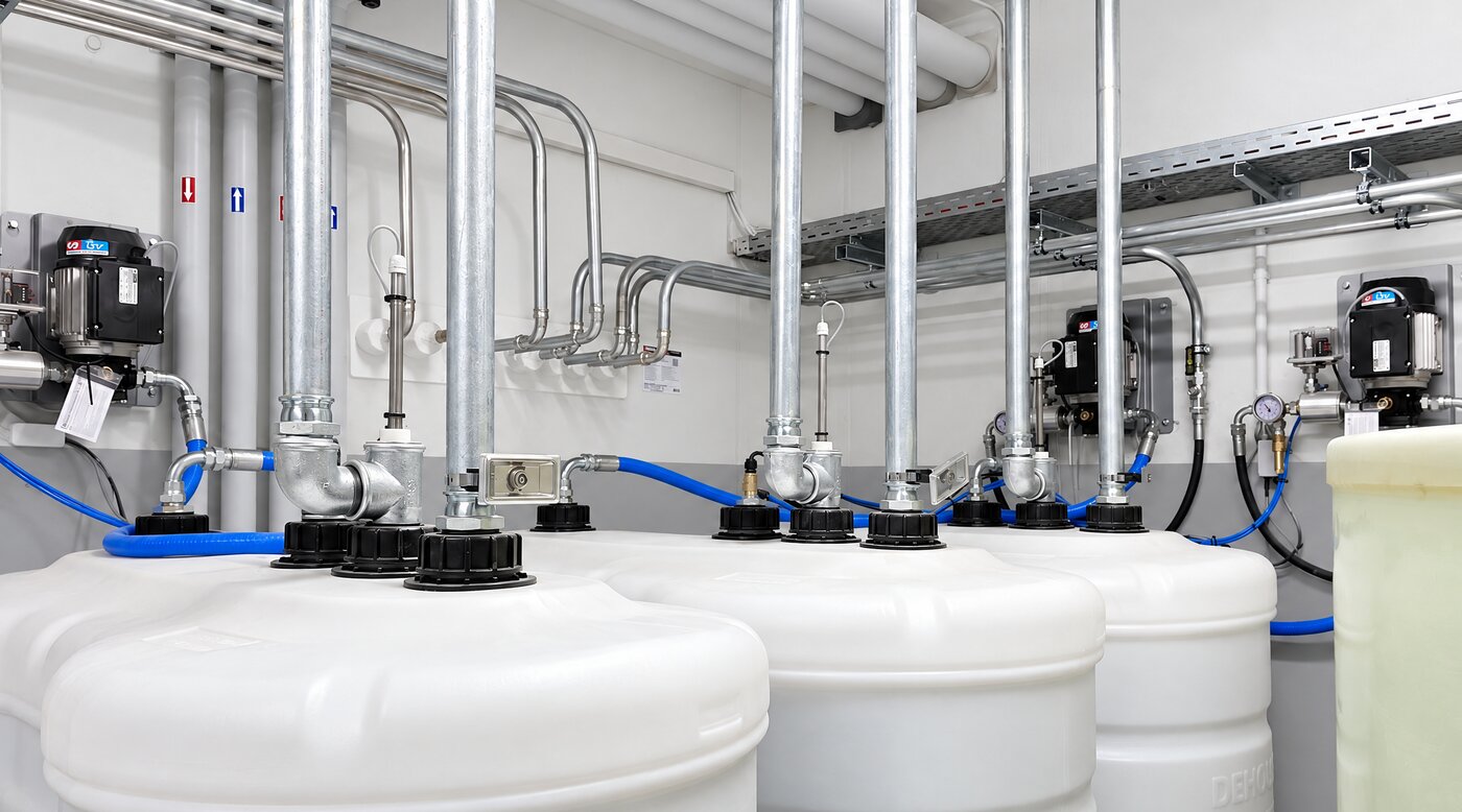 Ölraum bei einem Kunden mit Schmierstofftanks, Ölpumpen und Rohrleitungen
